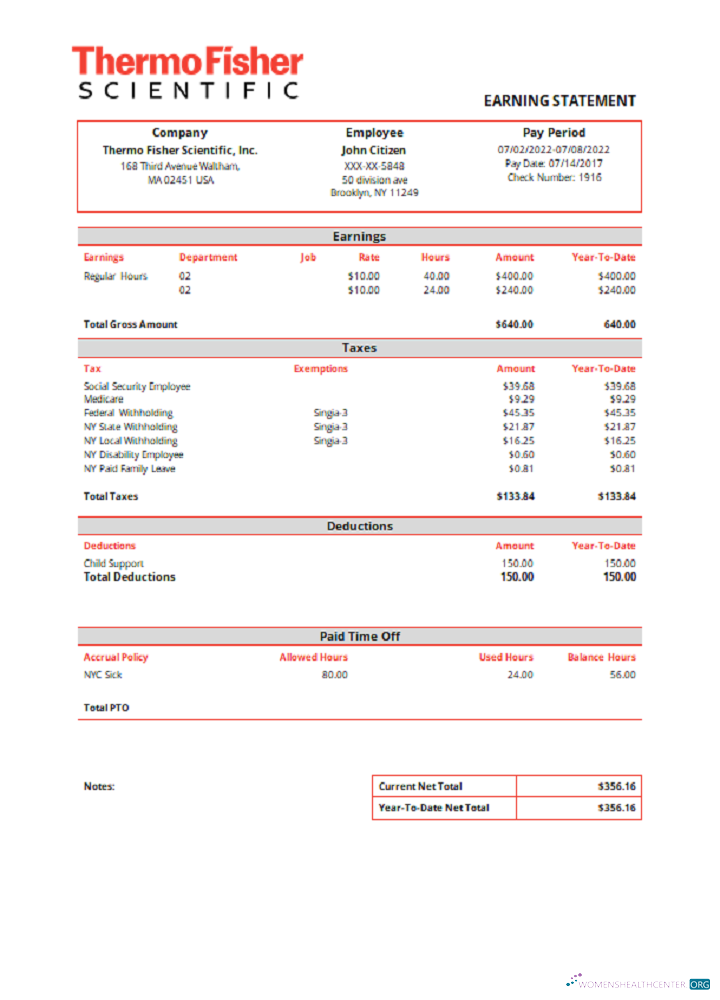 Download USA Thermo Fisher Scientific laboratory instruments company pay stub Photoshop template